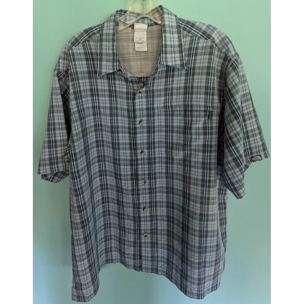 North Face Short Sleeve Button Up Casual Shirt Blue Plaid Men's Size Large